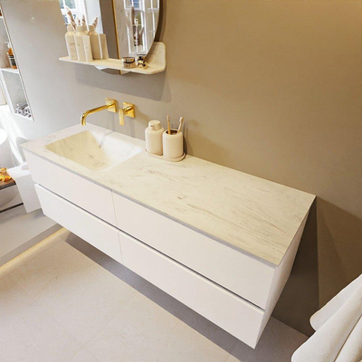 Mondiaz VICA-DLUX ensemble de meuble de salle de bain - 150cm - meuble sous lavabo talc - 4 tiroirs - lavabo encastré cloud gauche - sans trous de robinet - version haute de 60cm - opalo