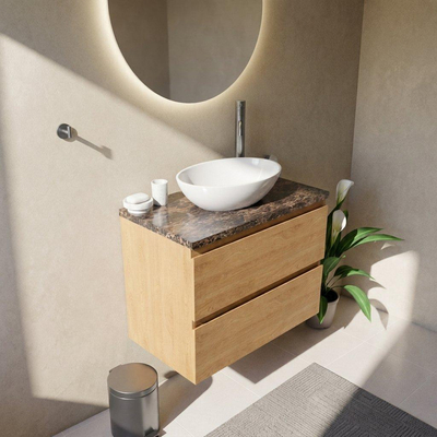Saniclass Holz Pure Ensemble de meubles de salle de bains - 80x45x63cm - Plan de travail en pierre naturelle Noche dark emperador - 1 trou de robinetterie - 2 tiroirs - chêne natural mat (bois)