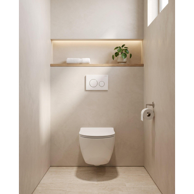 QeramiQ Dely Swirl Compact Toiletset - inbouwreservoir Geberit UP320 - met Burda frame - slim zitting - kunststof bedieningsplaat glans wit - ronde knoppen - glans wit
