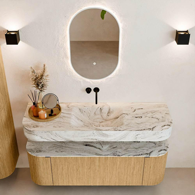 MONDIAZ THOR-DLUX 140cm meuble de salle de bains arrondi gauche + droite couleur Oak avec 1 tiroir et 2 portes. Vasque suspendue CLOUD Centre sans trou de robinet couleur Glace.