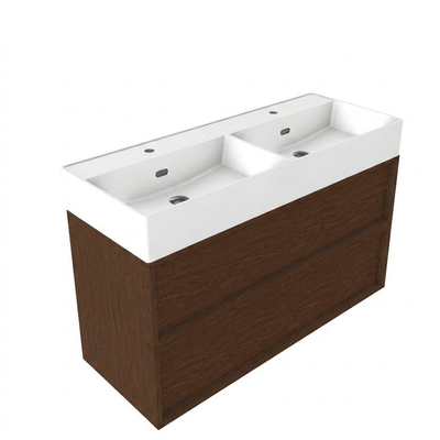 Saniclass Holz Frame Ensemble de meubles de salle de bains - 120x45x72cm - Legend lavabo en céramique blanc mat - 2 vasques - 2 trous de robinet - 2 tiroirs - walnut pure mat (bois)