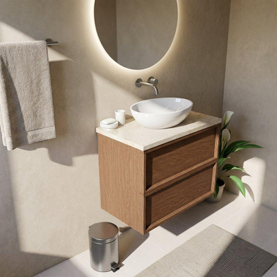 Saniclass Holz Frame Ensemble meuble de salle de bains - 80x45x63cm - plan en pierre naturelle travertin - sans trou de robinet - 2 tiroirs - noyer pur mat (bois)