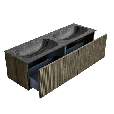 Mondiaz KURVE-DLUX Badkamermeubelset - 140x46x40cm - 2 lade - wastafel solid surface - dubbel - 2 kraangaten - Shadow