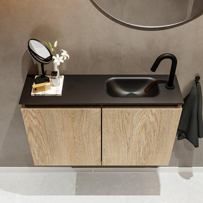 MONDIAZ TURE Fonteinset - 80x23x50cm - 1 kraangat - 2 deuren - washed oak mat - Wasbak rechts - Solid Surface Zwart