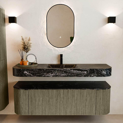 MONDIAZ THOR-DLUX 150cm meuble de salle de bains arrondi gauche + droite couleur Shadow avec 1 tiroir et 2 portes. Vasque suspendue CLOUD Milieu 1 trou de robinet couleur Lava.