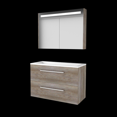 Basic-Line Premium 46 ensemble de meubles de salle de bain 100x46cm avec poignées 2 tiroirs lavabo acrylique 1 trou de robinetterie armoire de toilette éclairage led intégré mfc scotch oak