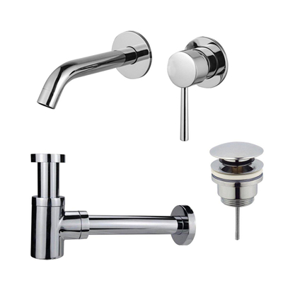 Fortifura Calvi Wastafelkraanset - inbouw wastafelkraan - klikwaste plug - verlaagde design - sifon - hoogglans chroom
