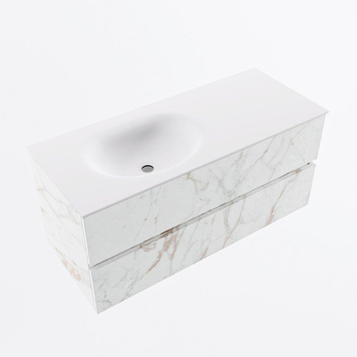 Mondiaz VICA Ensemble de meuble de salle de bain - 110cm - meuble sous-vasque carrara - 2 tiroirs - lavabo moon gauche - 1 trou de robinet - version haute de 60cm - talc