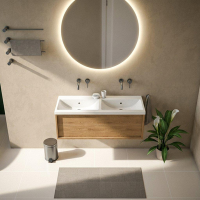 Saniclass Holz Frame Ensemble meuble de salle de bains - 120x45x43.5cm - lavabo Bari en céramique blanc - 2 vasques - sans trous de robinetterie - 1 tiroir - chêne natural mat (bois)
