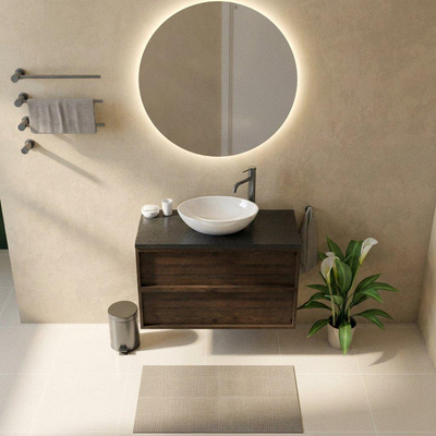 Saniclass Holz Frame Ensemble de meubles de salle de bains - 100x45x63cm - Plan vasque en basalte Noche poli (noir) - 1 trou de robinet - 2 tiroirs - chêne charcoal mat (bois)