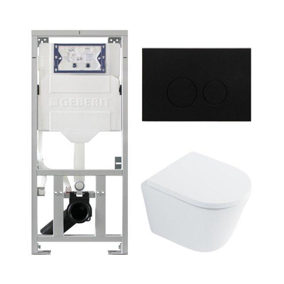 QeramiQ Dely Toiletset - 36.3x51.7cm - diepspoel - rimless - Geberit UP320 inbouwreservoir - met Burda frame - softclose toilet zitting - 35mm - metaal mat zwarte bedieningsplaat - ronde knoppen - glans wit