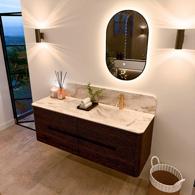 Mondiaz CIRO-DLUX Badkamermeubelset - 140x45x50cm - Solid surface wastafel Frappe - 1 wasbak Rechts - 1 kraangat - 4 lades - Walnut