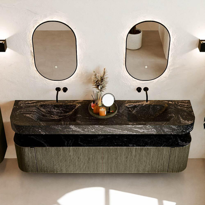 MONDIAZ THOR-DLUX 200cm meuble de salle de bains arrondi gauche + droite couleur Shadow avec 2 tiroirs et 2 portes. Vasque suspendue CLOUD Double sans trou de robinet couleur Lava.