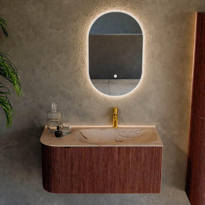 MONDIAZ KURVE-DLUX Meuble de salle de bains 95cm arrondi à gauche couleur Ruby avec 1 tiroir et 1 porte. Lavabo BIG SMALL à droite 1 trou de robinet Arena.