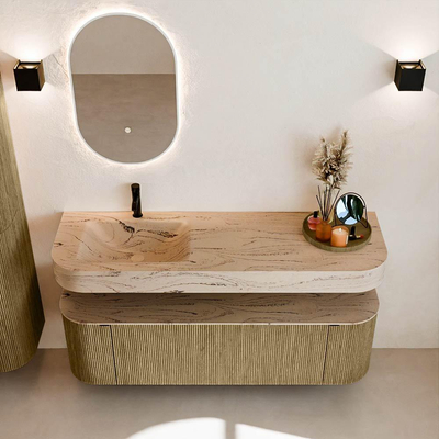 MONDIAZ THOR-DLUX 150cm meuble de salle de bains arrondi gauche + droite couleur Dusk avec 1 tiroir et 2 portes. Vasque suspendue CLOUD Gauche 1 trou de robinet couleur Arena.