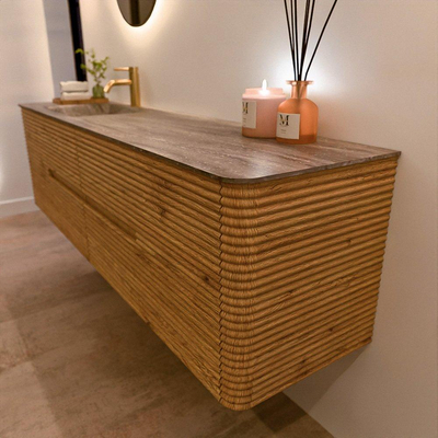 Mondiaz CIRO-DLUX Badkamermeubelset - 180x45x50cm - Solid surface wastafel Oza - 1 wasbak Links - 1 kraangat - 4 lades - Oak