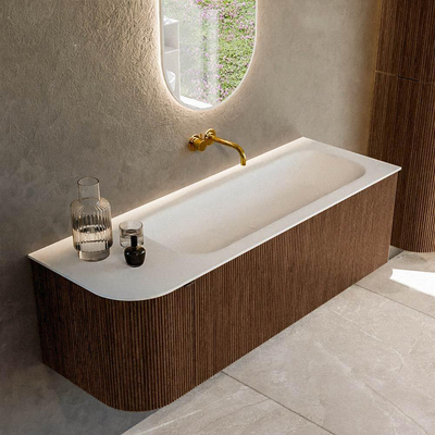 MONDIAZ KURVE Meuble de salle de bains 135 cm avec module 25 L couleur Walnut avec 1 tiroir et 1 porte. Lavabo BIG MEDIUM à droite sans trou de robinet Talc.