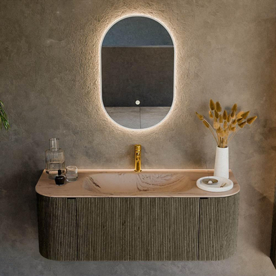 MONDIAZ KURVE-DLUX Meuble de salle de bains 120cm arrondi Gauche + Droite couleur Shadow avec 1 tiroir et 2 portes. Lavabo BIG SMALL Central 1 trou de robinet Arena.