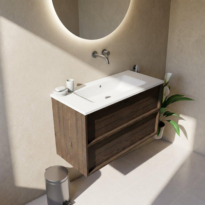 Saniclass Holz Frame Ensemble de meubles de salle de bains - 100x45x77.5cm - lavabo Torino en solid surface blanc - sans trou de robinetterie - 2 tiroirs - chêne charcoal mat (bois)