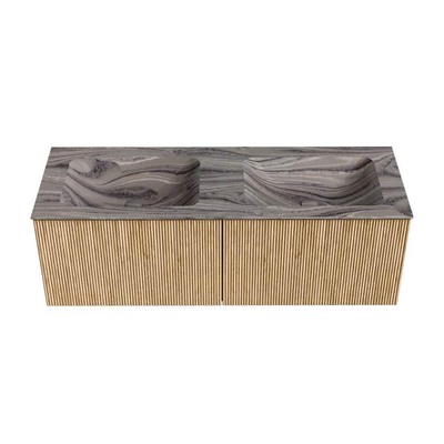 MONDIAZ KURVE-DLUX 130cm badmeubel kleur Oak met 2 lades en 0 deuren. Wastafel LEAF Dubbel zonder kraangat Sombra.