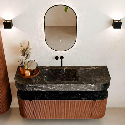 MONDIAZ THOR-DLUX Meuble de salle de bains - 140cm - arrondi gauche + droite - couleur Ruby - 1 tiroir - 2 portes - Vasque suspendue CLOUD Milieu sans trou de robinet - couleur Lava