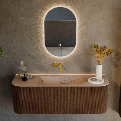 MONDIAZ KURVE-DLUX Meuble de salle de bains 130cm arrondi Gauche + Droite couleur Walnut avec 1 tiroir et 2 portes. Vasque BIG SMALL Centre sans trou de robinet Arena.