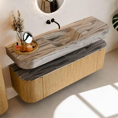 MONDIAZ THOR-DLUX 150cm badmeubel ronding links + rechts kleur Oak met 1 lade en 2 deuren. Vrijhangende wastafel CLOUD Midden zonder kraangat kleur Sombra.
