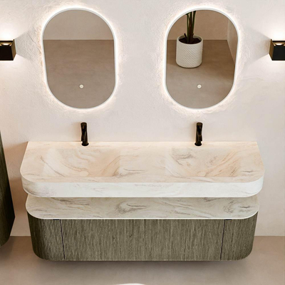 MONDIAZ THOR-DLUX 160cm meuble de salle de bains arrondi gauche + droite couleur Shadow avec 1 tiroir et 2 portes. Vasque suspendue CLOUD Double 2 trous de robinet couleur Ostra.