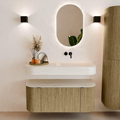 MONDIAZ THOR-DLUX 110cm meuble de salle de bains arrondi gauche + droite couleur Dusk avec 1 tiroir et 2 portes. Vasque suspendue CLOUD Droite sans trou de robinet couleur Meli.