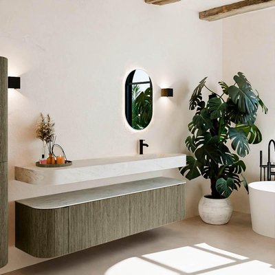 MONDIAZ THOR-DLUX Meuble de salle de bains 190cm arrondi gauche + droite couleur Shadow avec 2 tiroirs et 2 portes. Vasque suspendue CLOUD Droite 1 trou de robinet couleur Opalo.