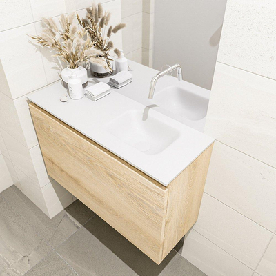 MONDIAZ OLAN Fonteinset - 80x30x40cm - 0 kraangaten - 1 lade - washed oak mat - wasbak rechts - Solid Surface Wit