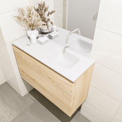 Mondiaz OLAN Meuble lave-mains 80x30x40cm sans trous de robinet 1 tiroir Washed oak mat avec lavabo LEX Droite Solid Surface Blanc