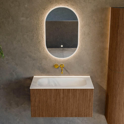 MONDIAZ KURVE 80cm Meuble salle de bain - couleur Walnut - 1 tiroir - vasque BIG SMALL centre - sans trous de robinet - Talc