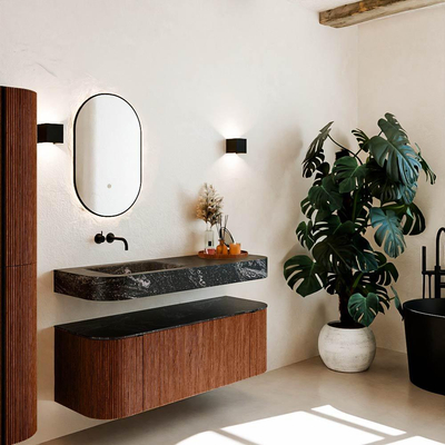 MONDIAZ THOR-DLUX 130cm badmeubel ronding links + rechts kleur Ruby met 1 lade en 2 deuren. Vrijhangende wastafel CLOUD Links zonder kraangat kleur Lava.