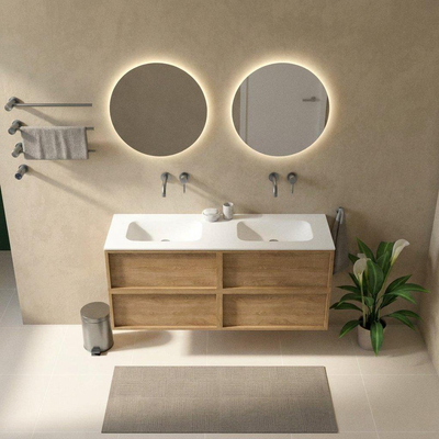 Saniclass Holz Frame Ensemble meuble de salle de bains - 140x45x61.5cm - Flow lavabo en solid surface blanc - 2 vasques - sans trous de robinet - 4 tiroirs - chêne natural mat (bois)