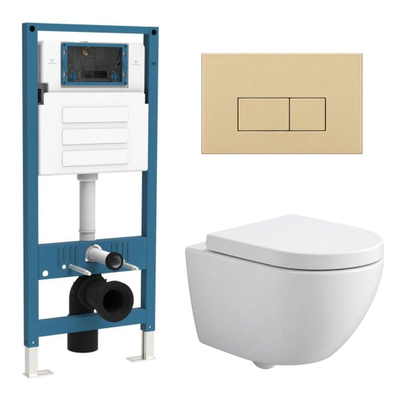 QeramiQ Dely Swirl Compact Ensemble WC - bâti-support QeramiQ flush - abattant 25 mm - plaque de commande en plastique beige - boutons rectangulaires - blanc mat
