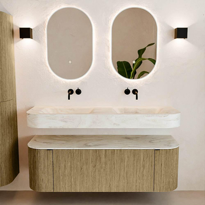 MONDIAZ THOR-DLUX 140cm meuble de salle de bains arrondi gauche + droite couleur Dusk avec 1 tiroir et 2 portes. Vasque suspendue CLOUD Double sans trou de robinet couleur Ostra.