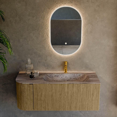 MONDIAZ KURVE-DLUX 115cm badmeubel ronding Links kleur Dusk met 1 lade en 1 deur. Wastafel BIG SMALL Rechts 1 kraangat Oza.