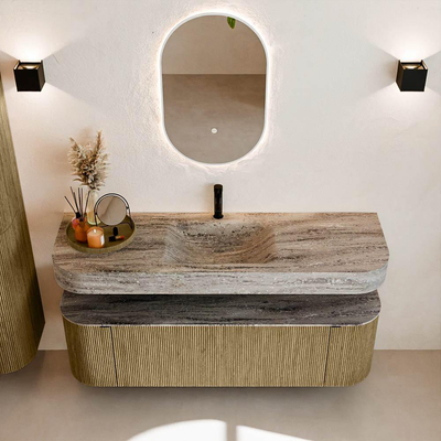 MONDIAZ THOR-DLUX 150cm meuble de salle de bains arrondi gauche + droite couleur Dusk avec 1 tiroir et 2 portes. Vasque suspendue CLOUD Milieu 1 trou de robinet couleur Oza.