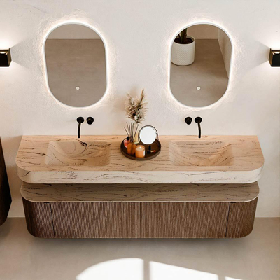 MONDIAZ THOR-DLUX 190cm badmeubel ronding links + rechts kleur Walnut met 2 lades en 2 deuren. Vrijhangende wastafel CLOUD Dubbel zonder kraangat kleur Arena.