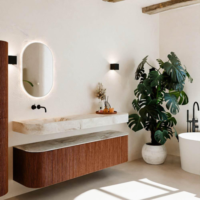 MONDIAZ THOR-DLUX 170cm meuble de salle de bains arrondi gauche + droite couleur Ruby avec 1 tiroir et 2 portes. Vasque suspendue CLOUD Gauche sans trou de robinet couleur Frappe.