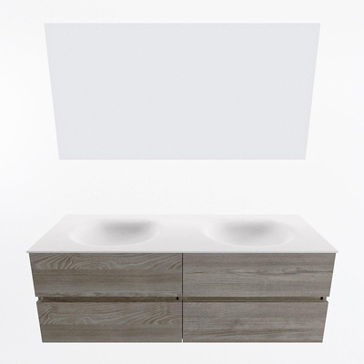 Mondiaz VICA ensemble de meuble de salle de bain - 140cm - meuble sous-vasque marron clair gris - 4 tiroirs - lavabo lune double - 2 trous de robinet - couleur talc - miroir LED - version XL 60cm de haut