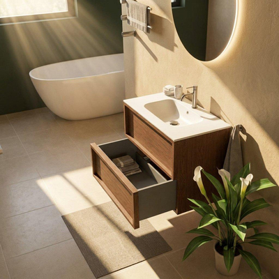 Saniclass Holz Frame Ensemble de meuble de salle de bains - 80x45x61.5cm - Flow lavabo en solid surface blanc - 1 vasque - 1 trou de robinetterie - 2 tiroirs - mat walnut pure (bois)