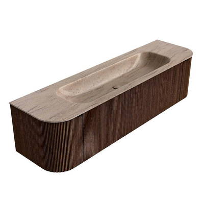 MONDIAZ KURVE-DLUX Meuble de salle de bains 170cm arrondi Gauche + Droite couleur Walnut avec 1 tiroir et 2 portes. Lavabo BIG LARGE Central sans trou de robinet Saba.