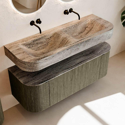 MONDIAZ THOR-DLUX 130cm meuble de salle de bains arrondi gauche + droite couleur Shadow avec 1 tiroir et 2 portes. Vasque suspendue CLOUD Double sans trou de robinet couleur Oza.