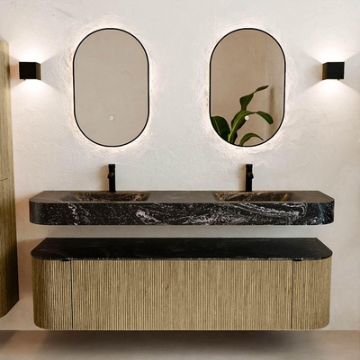 MONDIAZ THOR-DLUX 170cm meuble de salle de bains arrondi gauche + droite couleur Dusk avec 1 tiroir et 2 portes. Vasque suspendue CLOUD Double 2 trous de robinet couleur Lava.