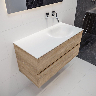 ENSEMBLE DE MEUBLE MONDIAZ VICA - 100cm - 2 tiroirs - lavabo Moon à droite - 0 trous de robinet - solid surface chêne blanchi