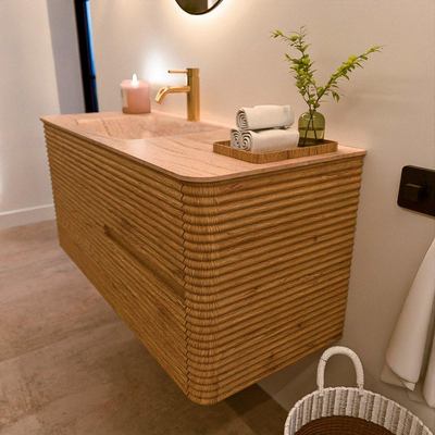 Mondiaz CIRO-DLUX Meuble de salle de bains - 110x45x50cm - Plan-vasque Solid surface Saba - 1 vasque à gauche - 1 trou de robinet - 2 tiroirs - Chêne