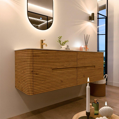Mondiaz CIRO-DLUX Meuble de salle de bains - 150x45x50cm - Vasque solid surface Opalo - 1 lavabo à gauche - 1 trou de robinet - 4 tiroirs - Chêne