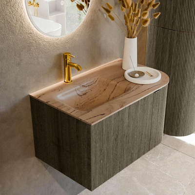 MONDIAZ KURVE-DLUX Meuble de salle de bains 75cm arrondi à droite couleur Shadow avec 1 tiroir et 1 porte. Lavabo GRUNNE à gauche 1 trou de robinet Arena.